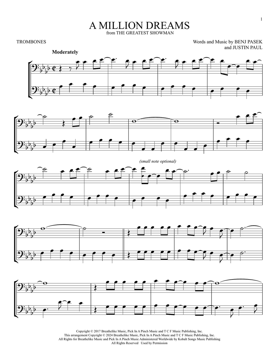 A Million Dreams (from The Greatest Showman) Trombone Duet scores gallery preview page 1