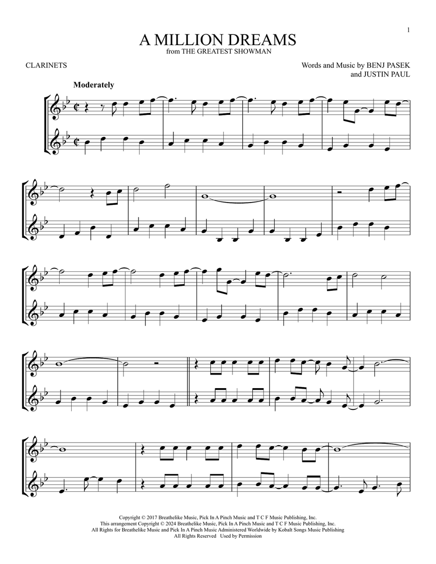 A Million Dreams (from The Greatest Showman) Clarinet Duet scores gallery preview page 1