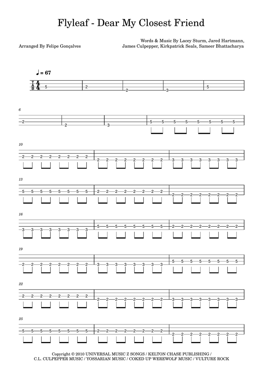 Dear My Closest Friend Dear My Closest Friend Bass Guitar Tablature scores gallery preview page 1