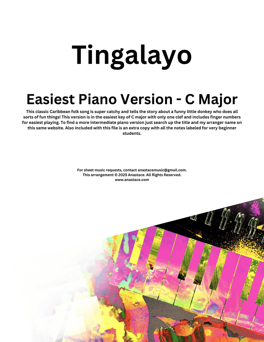 Tingalayo - Super Easy Beginner Version Piano Method scores gallery preview page 1