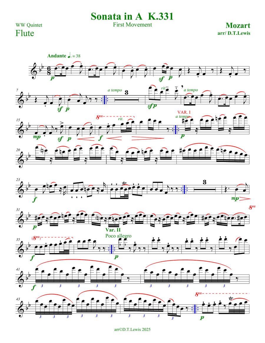 Sonata in A, K. 331., First Movement Woodwind Quintet scores gallery preview page 1