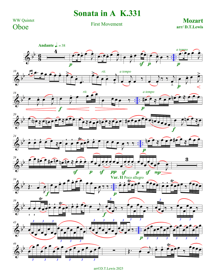 Sonata in A, K. 331., First Movement Woodwind Quintet scores gallery preview page 5