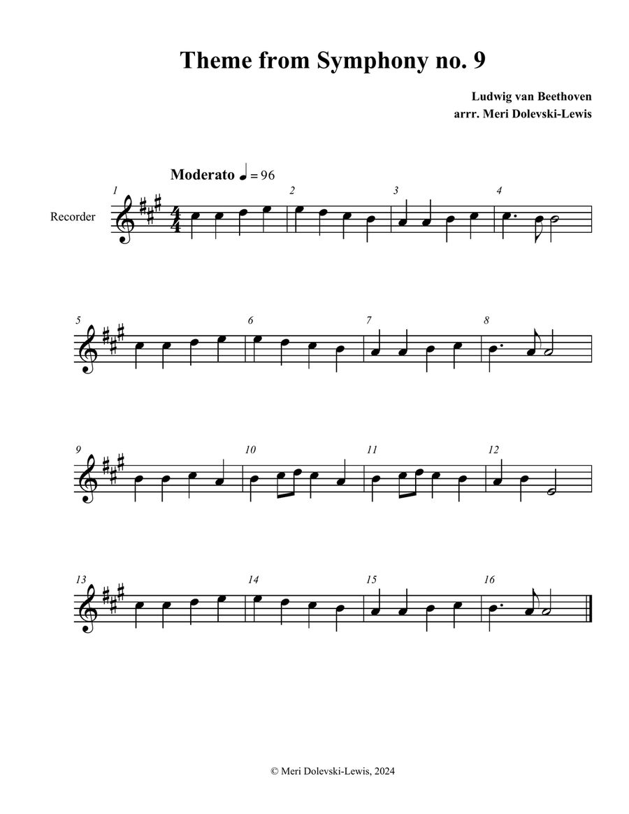 Theme from Symphony no. 9 (Ode to Joy) Recorder scores gallery preview page 1