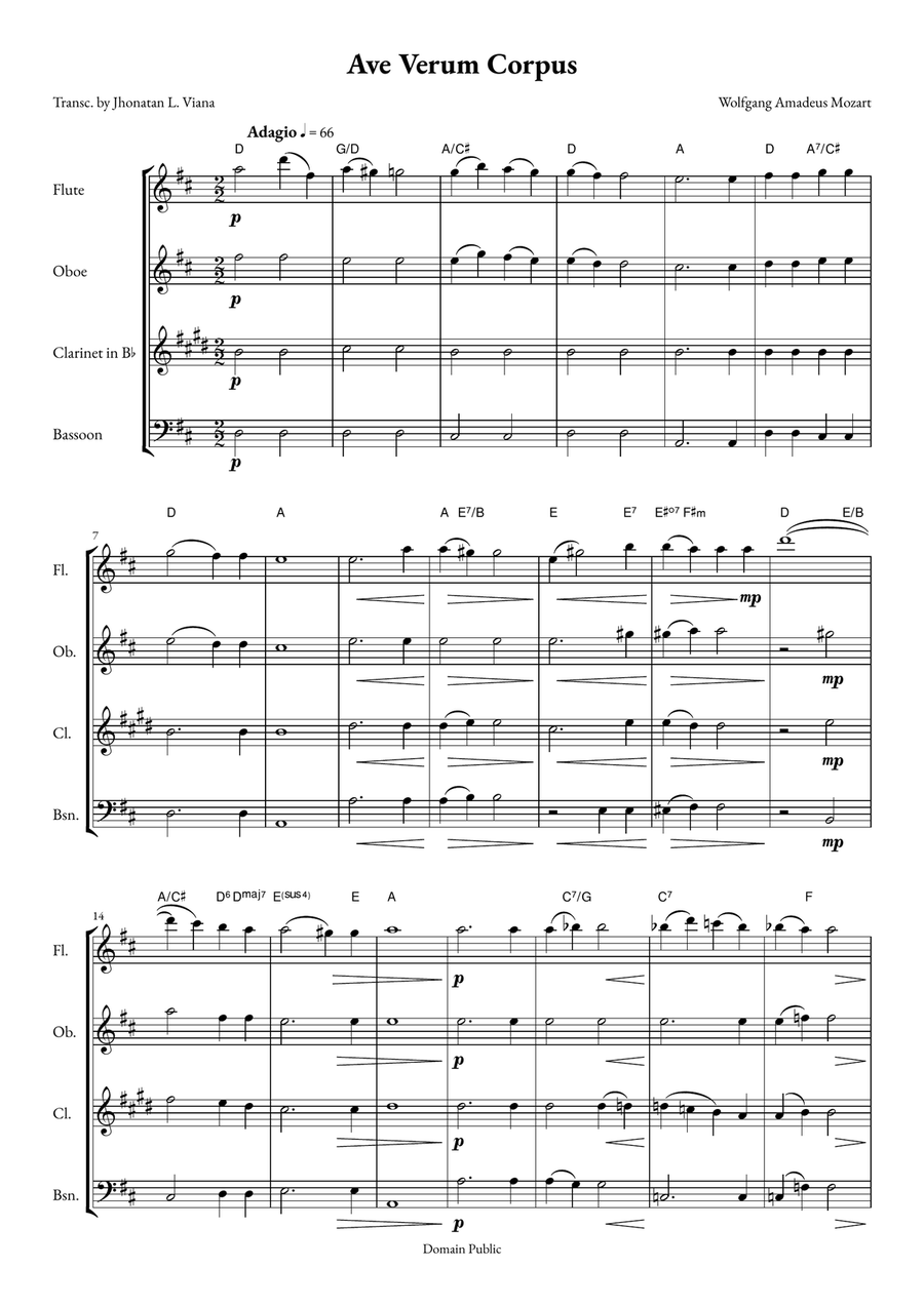 Ave Verum Corpus Woodwind Quartet scores gallery preview page 1
