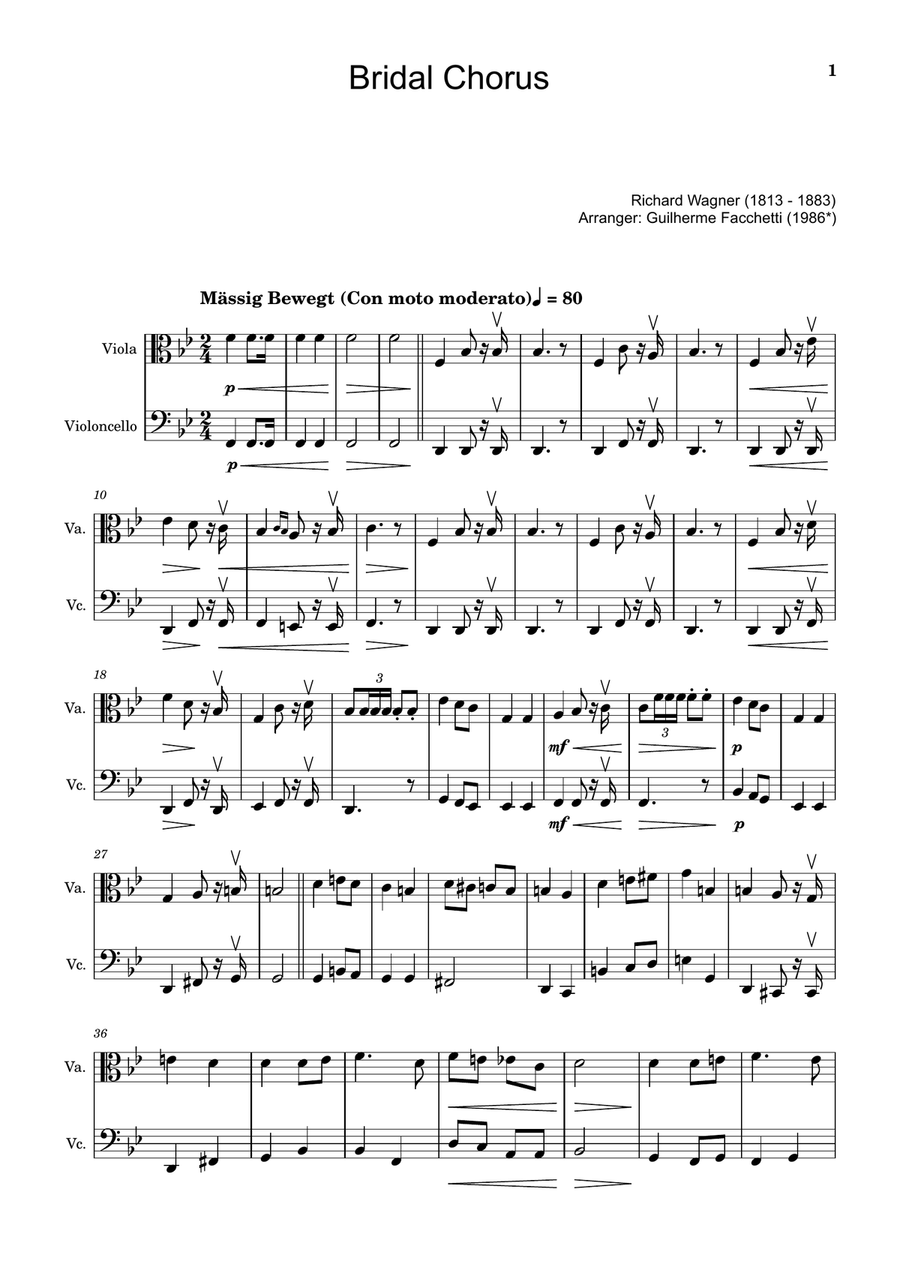 Bridal Chorus. R. Wagner - Arranged for Viola and Cello String Duet scores gallery preview page 1