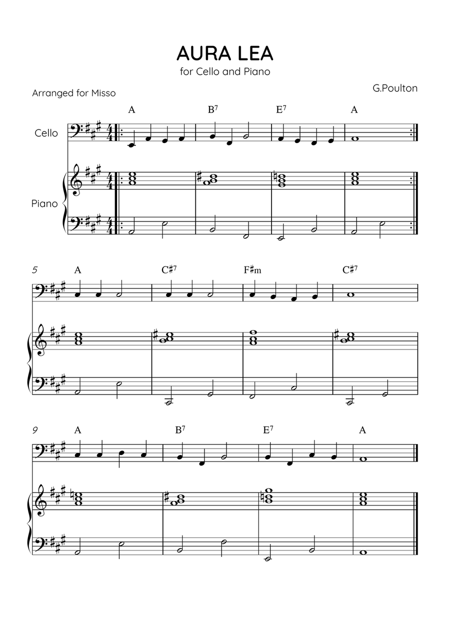 Aura Lea - Cello and Piano - Easy Level With Chords Piano scores gallery preview page 1