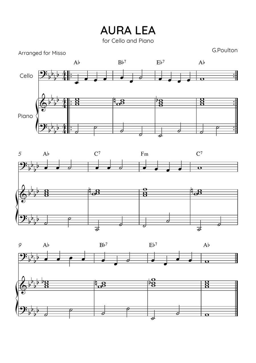 Aura Lea - Cello and Piano in Ab - Easy Level With Chords Piano scores gallery preview page 1
