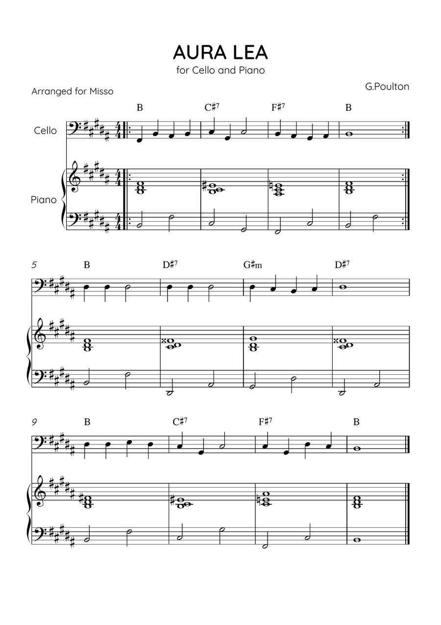 Aura Lea - Cello and Piano in B - Easy Level With Chords Piano scores gallery preview page 1
