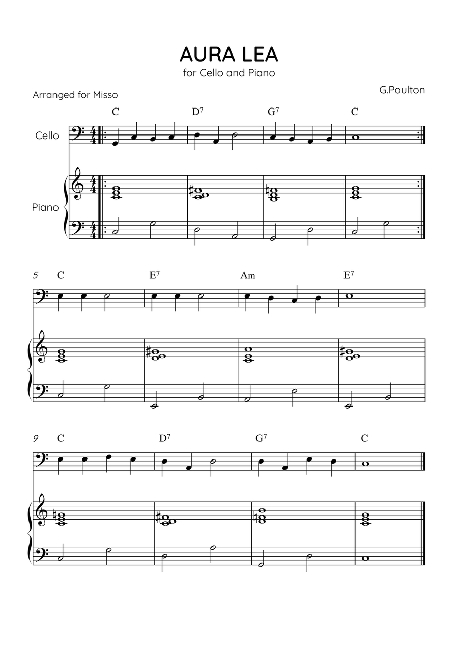 Aura Lea - Cello and Piano in C - Easy Level With Chords Piano scores gallery preview page 1