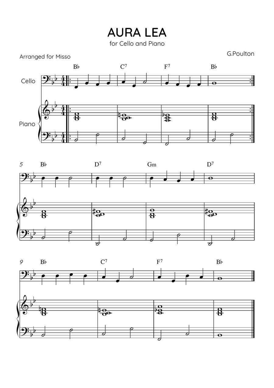 Aura Lea - Cello and Piano in Bb - Easy Level With Chords Piano scores gallery preview page 1