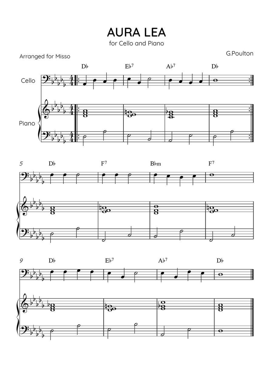 Aura Lea - Cello and Piano in Db - Easy Level With Chords Piano scores gallery preview page 1