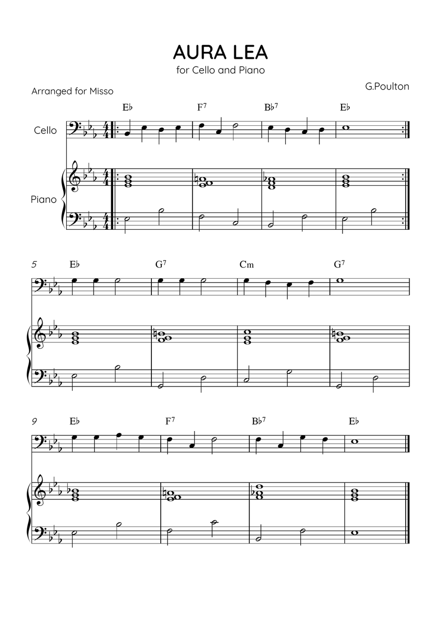 Aura Lea - Cello and Piano in Eb - Easy Level With Chords Piano scores gallery preview page 1