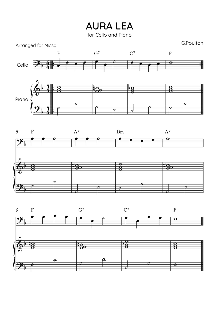Aura Lea - Cello and Piano in F - Easy Level With Chords Piano scores gallery preview page 1