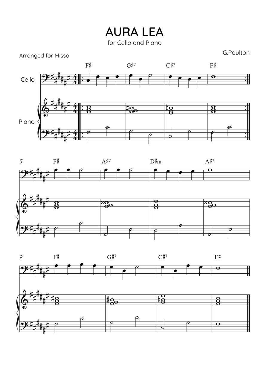 Aura Lea - Cello and Piano in F# - Easy Level With Chords Piano scores gallery preview page 1