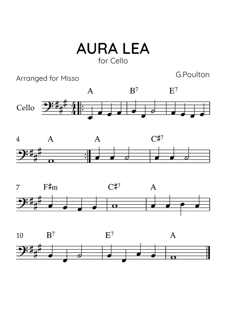 Aura Lea - Cello in A - Easy Level With Chords Cello Solo scores gallery preview page 1