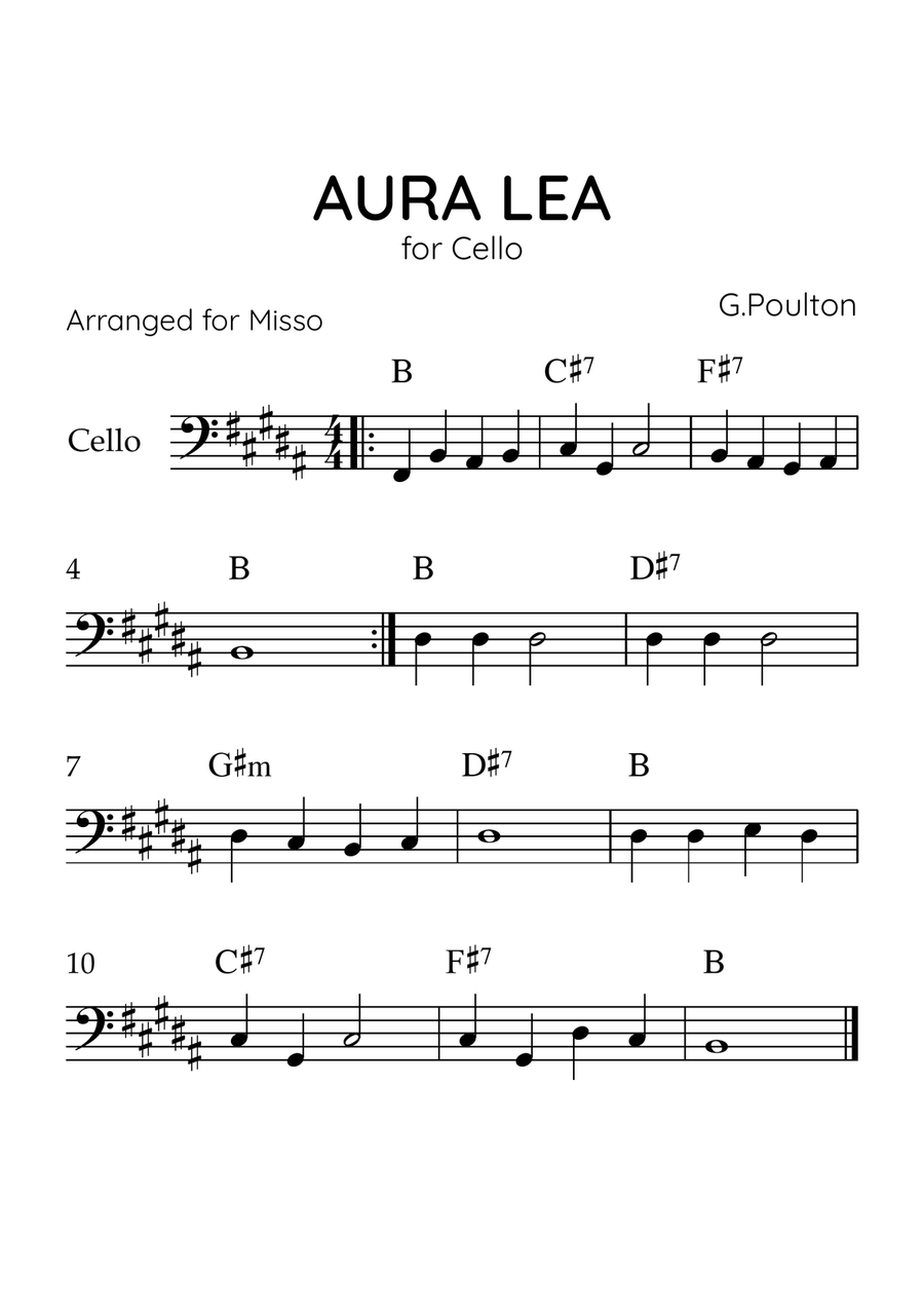 Aura Lea - Cello in B - Easy Level With Chords Cello Solo scores gallery preview page 1