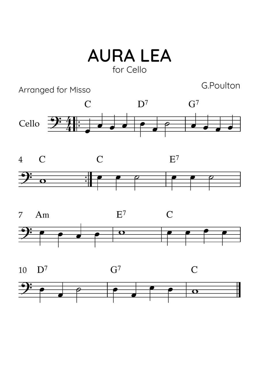 Aura Lea - Cello in C - Easy Level With Chords Cello Solo scores gallery preview page 1