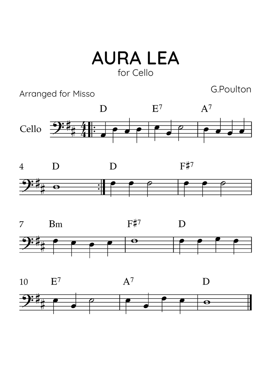 Aura Lea - Cello in D - Easy Level With Chords Cello Solo scores gallery preview page 1