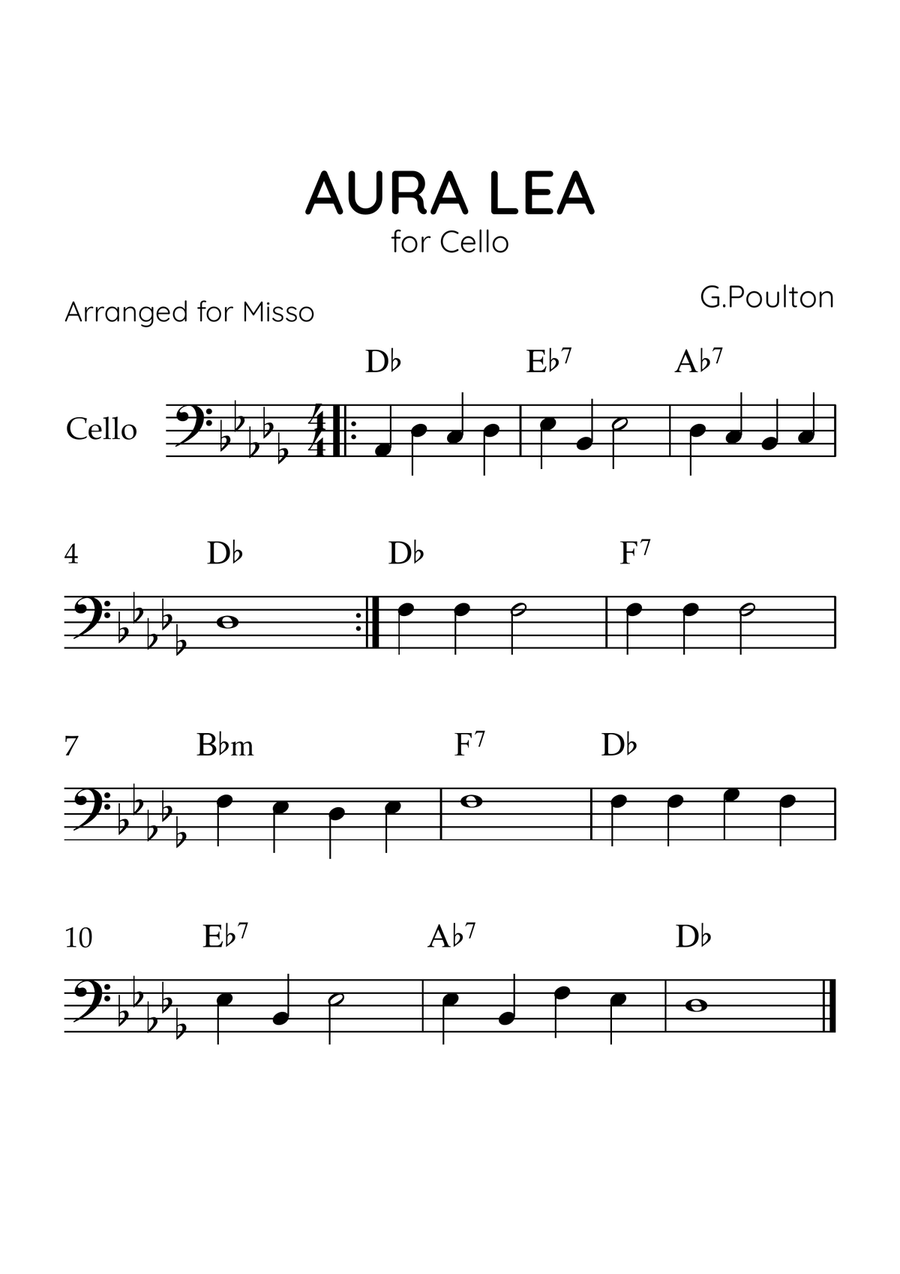 Aura Lea - Cello in Db - Easy Level With Chords Cello Solo scores gallery preview page 1