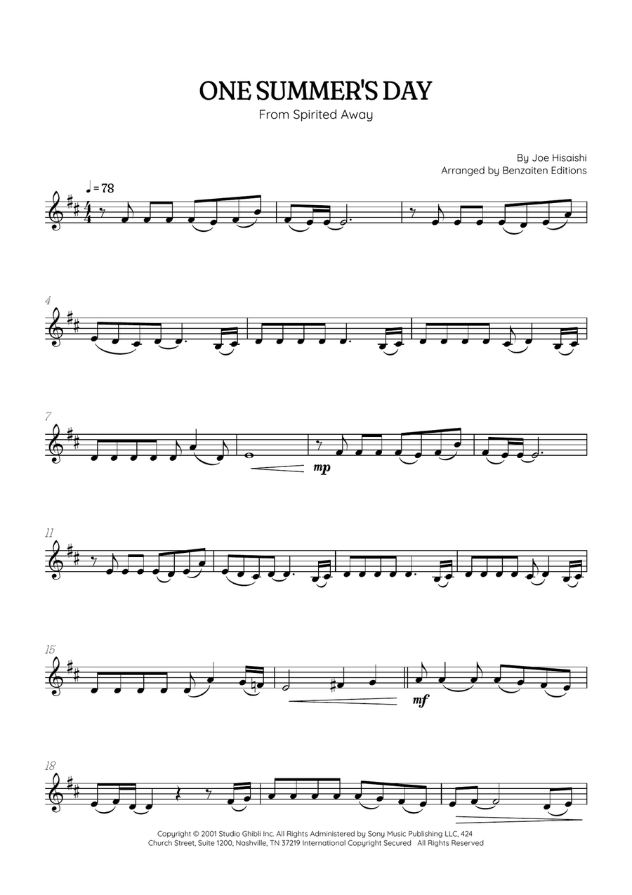 One Summer's Day B-Flat Clarinet scores gallery preview page 1