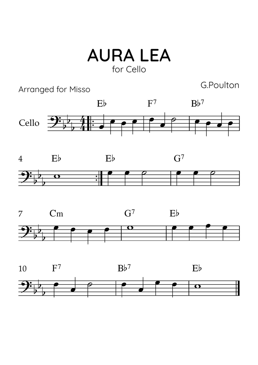 Aura Lea - Cello in Eb - Easy Level With Chords Cello Solo scores gallery preview page 1