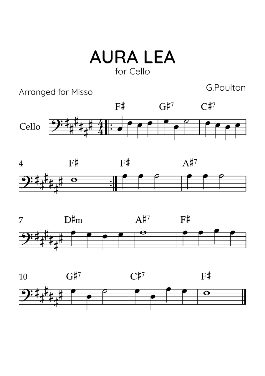 Aura Lea - Cello in F# - Easy Level With Chords Cello Solo scores gallery preview page 1