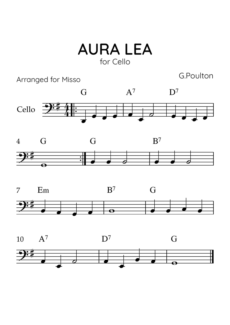 Aura Lea - Cello in G - Easy Level With Chords Cello Solo scores gallery preview page 1