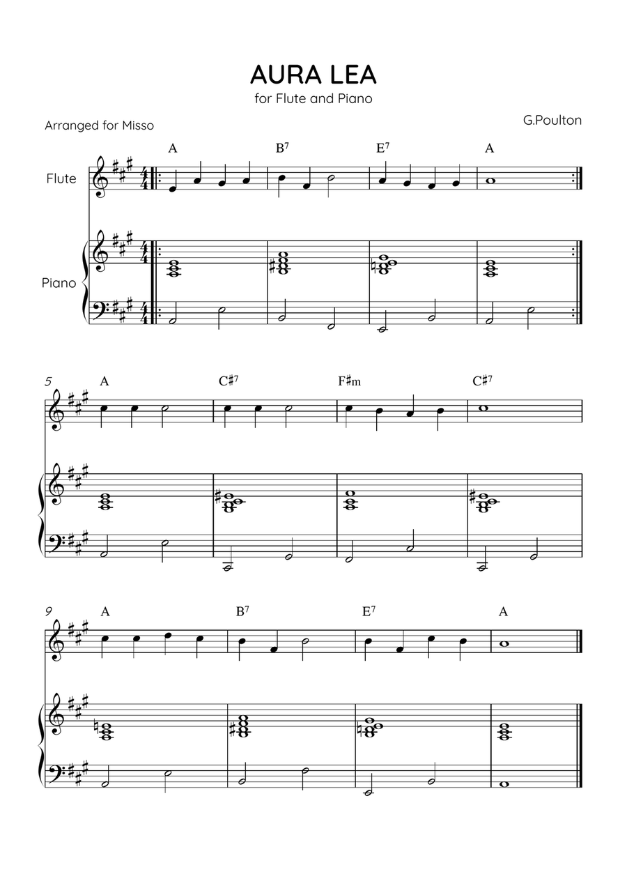 Aura Lea - Flute and Piano in A Major - Easy Level With Chords Flute scores gallery preview page 1