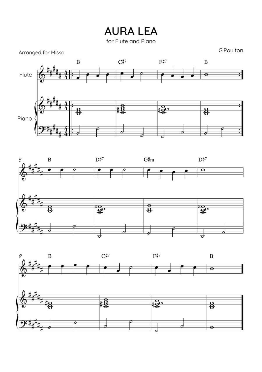 Aura Lea - Flute and Piano in B Major - Easy Level With Chords Flute scores gallery preview page 1