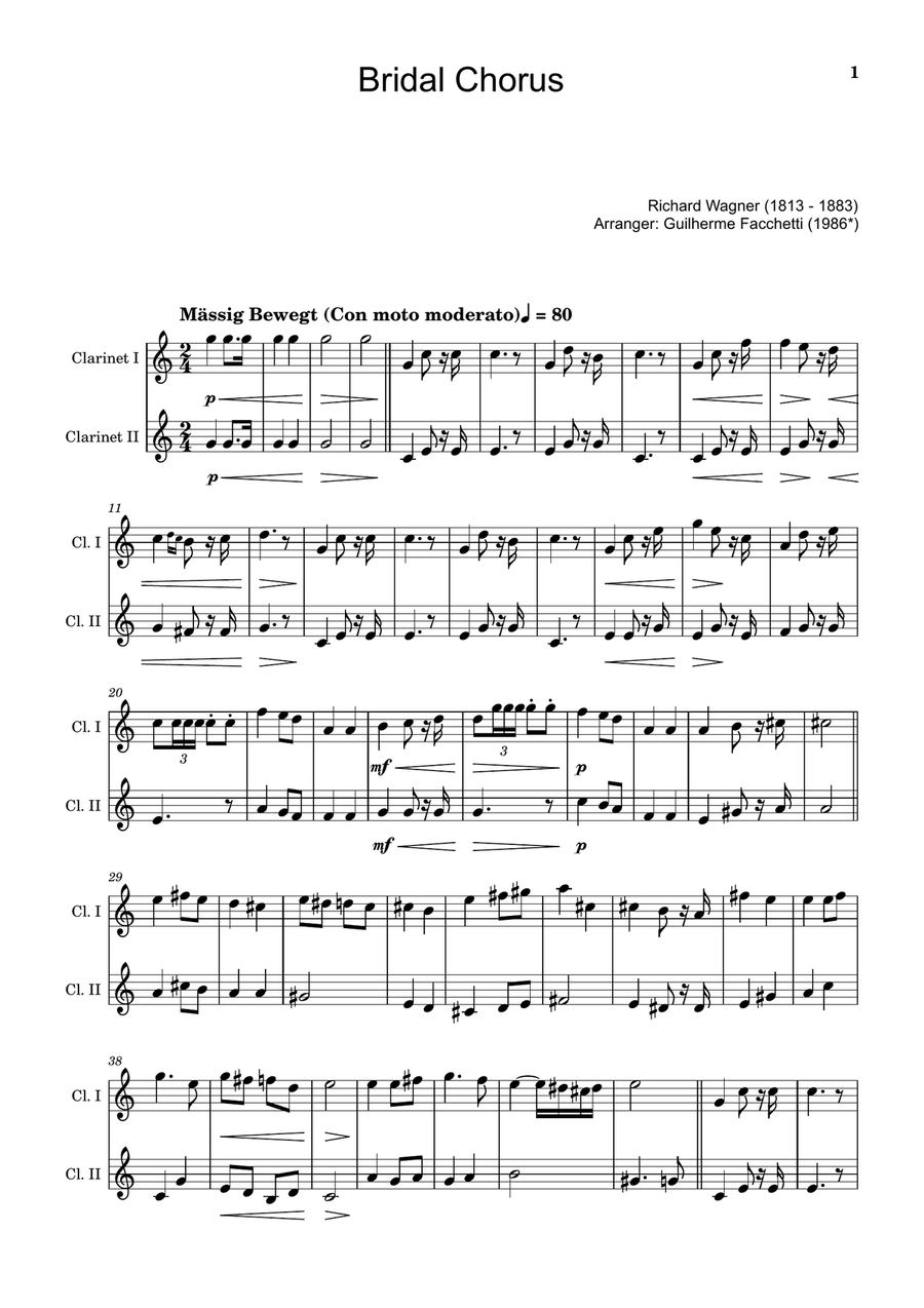 Bridal Chorus. R. Wagner - Arranged for Clarinet Duet Clarinet Duet scores gallery preview page 1