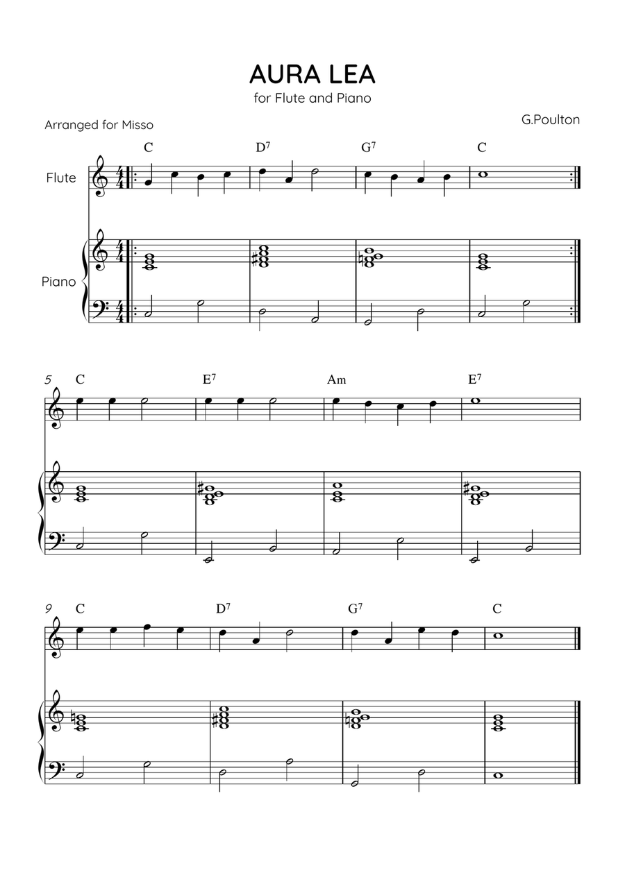 Aura Lea - Flute and Piano in C Major - Easy Level With Chords Flute scores gallery preview page 1