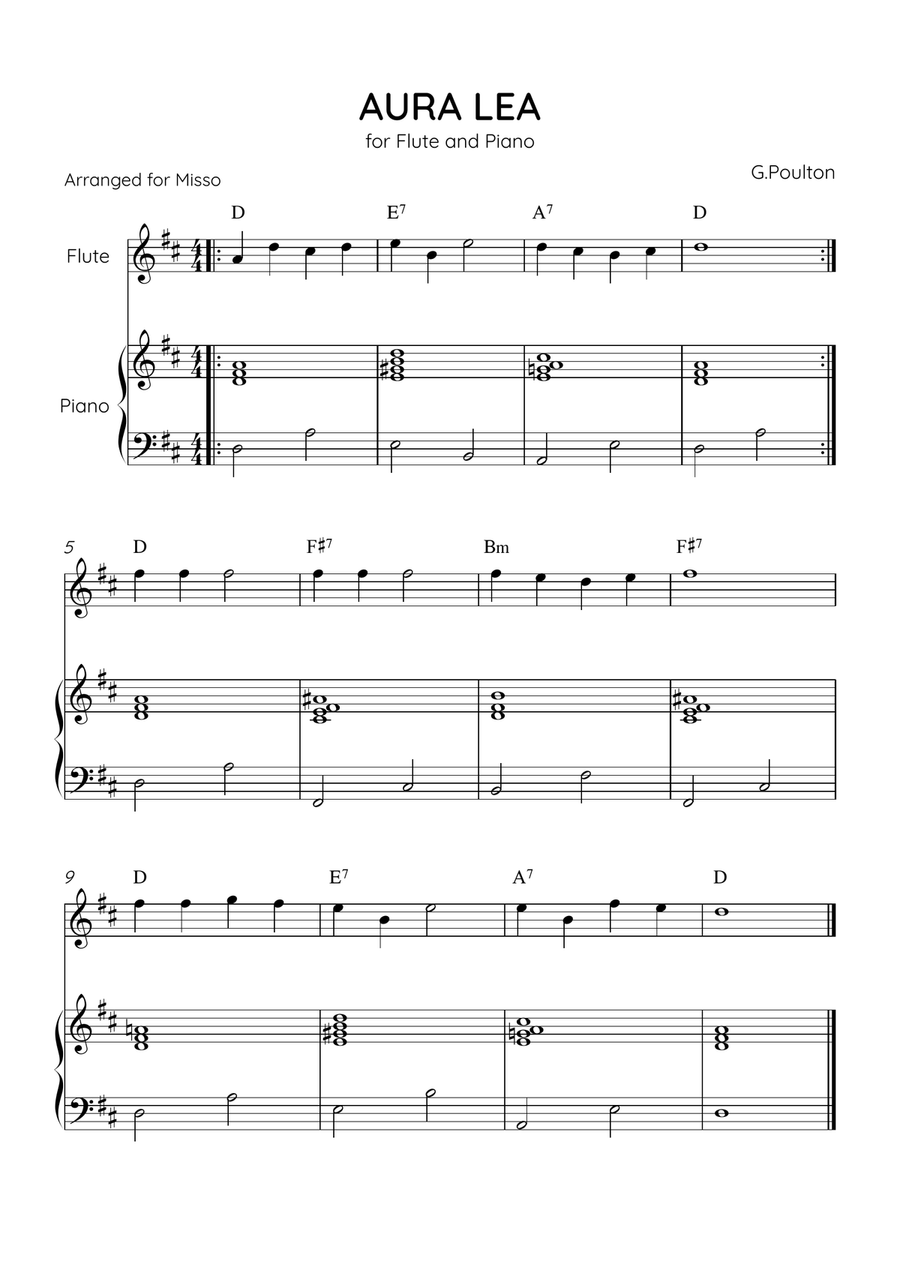 Aura Lea - Flute and Piano in D Major - Easy Level With Chords Flute scores gallery preview page 1