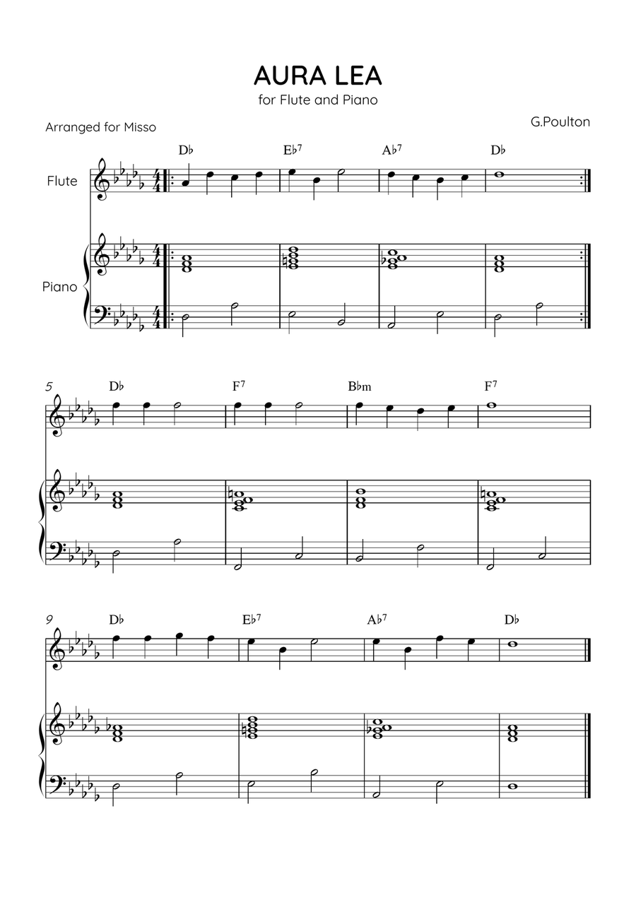 Aura Lea - Flute and Piano in Db Major - Easy Level With Chords Flute scores gallery preview page 1