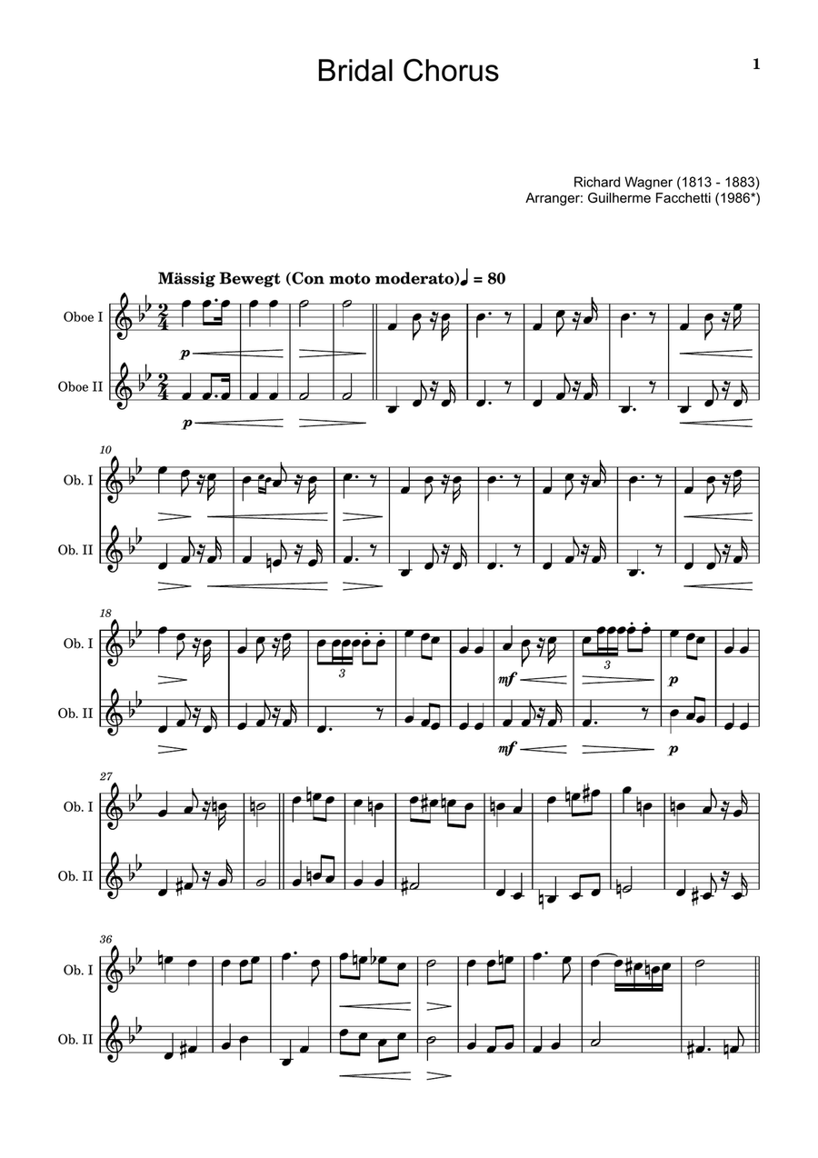 Bridal Chorus. R. Wagner - Arranged for Oboe Duet Woodwind Duet scores gallery preview page 1