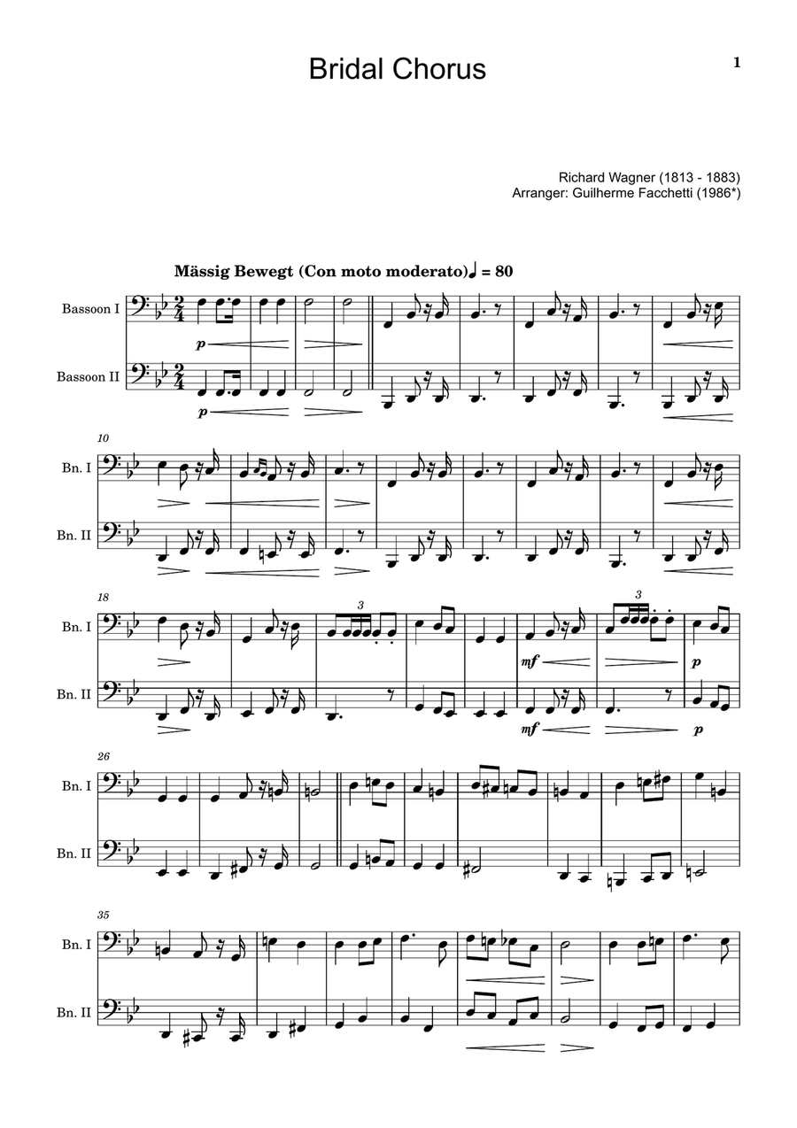 Bridal Chorus. R. Wagner - Arranged for Bassoon Duet Woodwind Duet scores gallery preview page 1