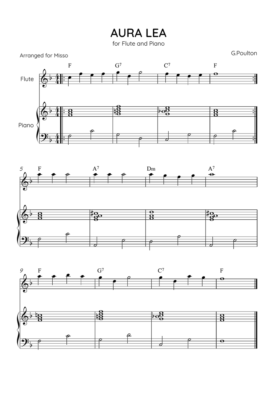 Aura Lea - Flute and Piano in F Major - Easy Level With Chords Flute scores gallery preview page 1