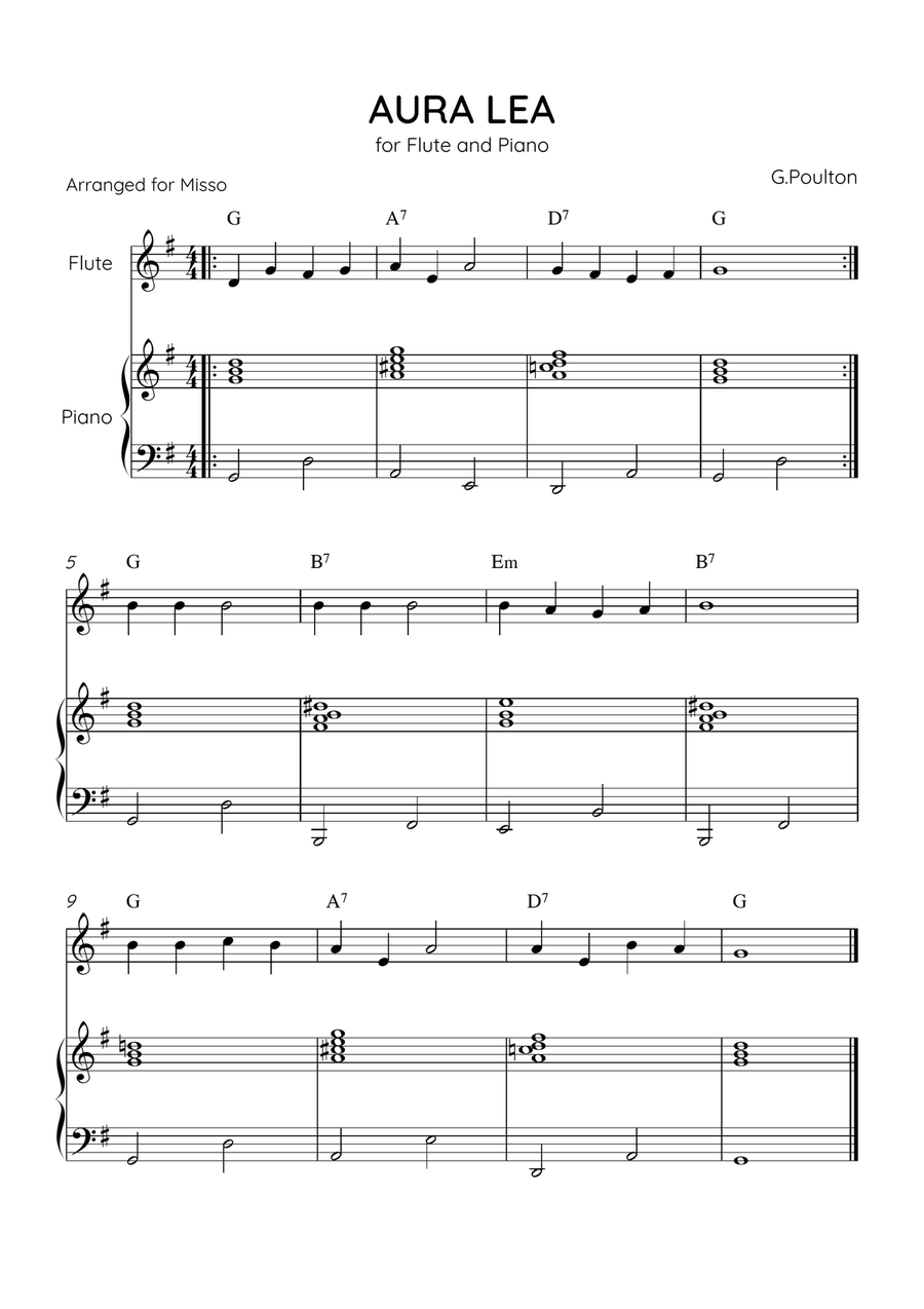 Aura Lea- Flute and Piano in G Major - Easy Level With Chords Flute scores gallery preview page 1