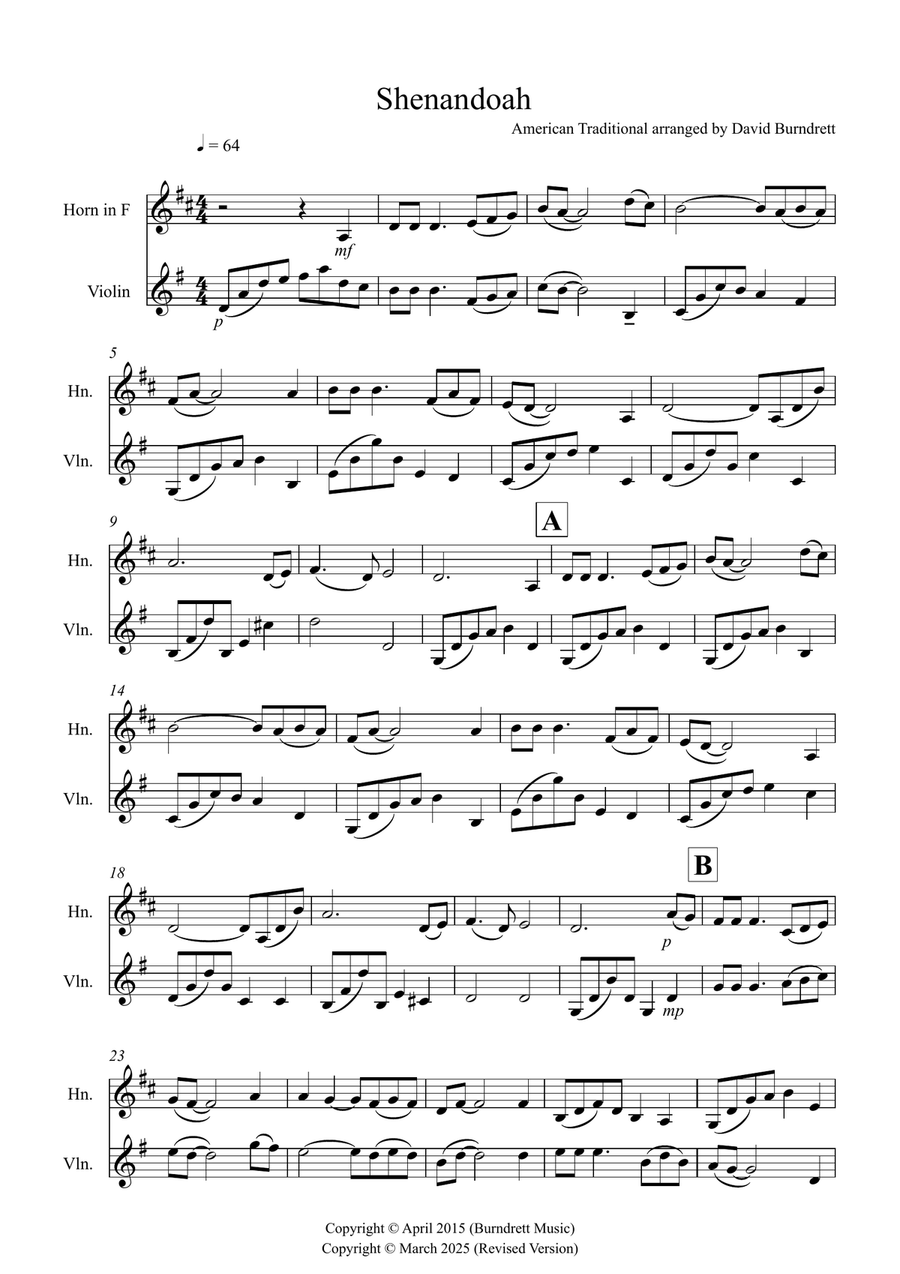 Shenandoah for Horn and Violin Duet Horn scores gallery preview page 1