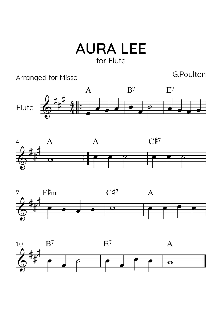 Aura Lea- Flute in A Major - Easy Level With Chords Flute Solo scores gallery preview page 1