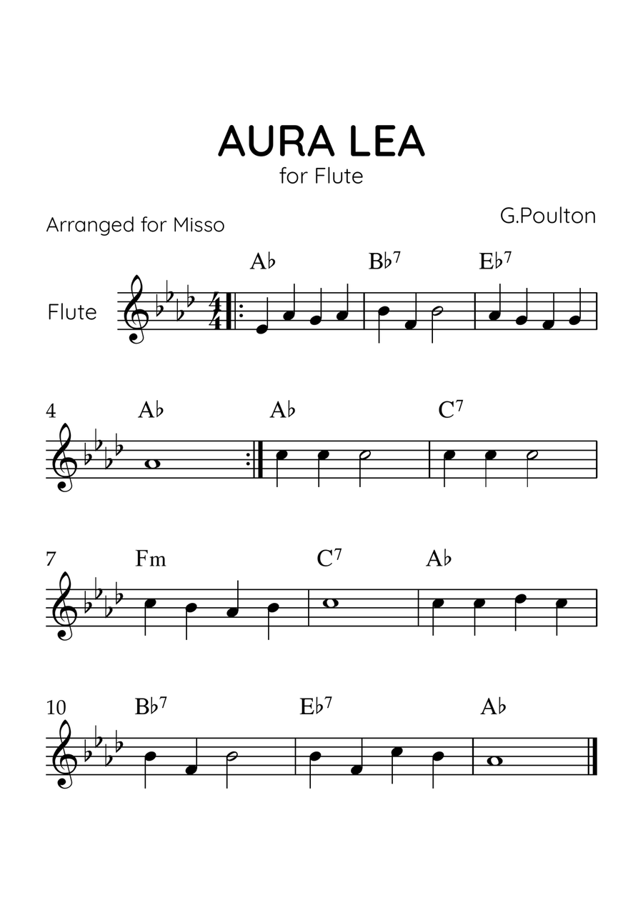Aura Lea - Flute in Ab Major - Easy Level With Chords Flute Solo scores gallery preview page 1