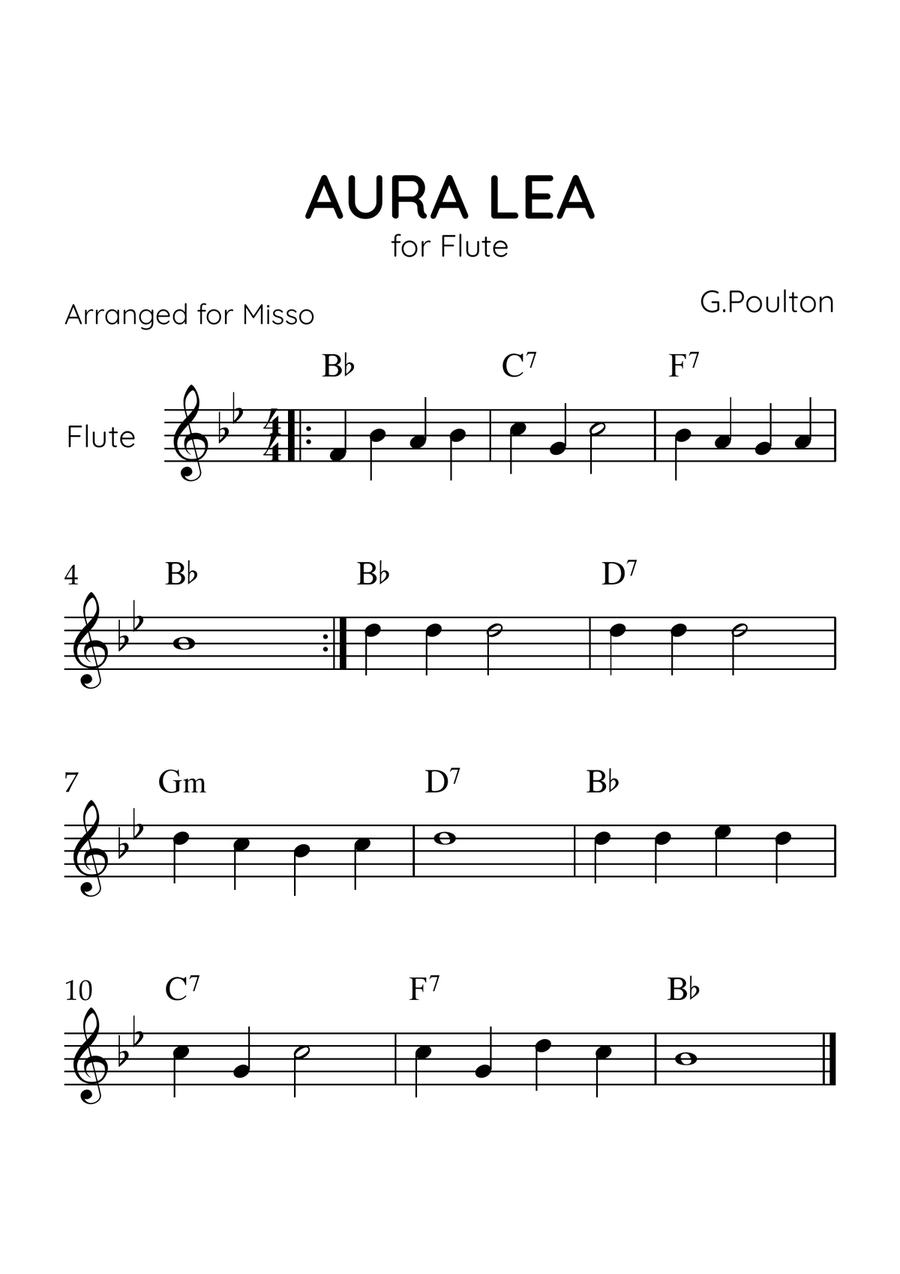 Aura Lea - Flute in Bb Major - Easy Level With Chords Flute Solo scores gallery preview page 1