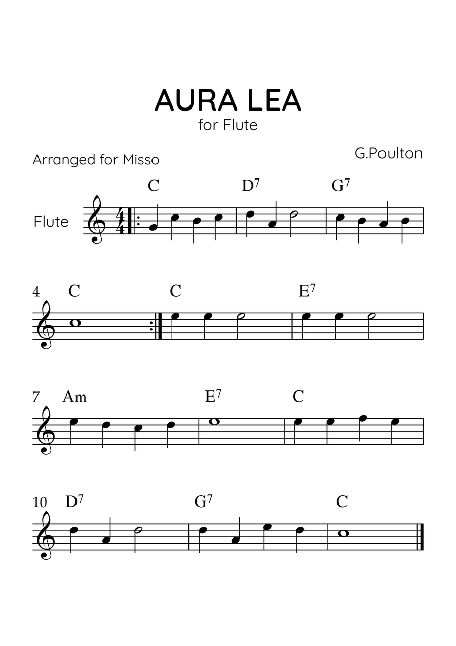 Aura Lea - Flute in C Major - Easy Level With Chords Flute Solo scores gallery preview page 1