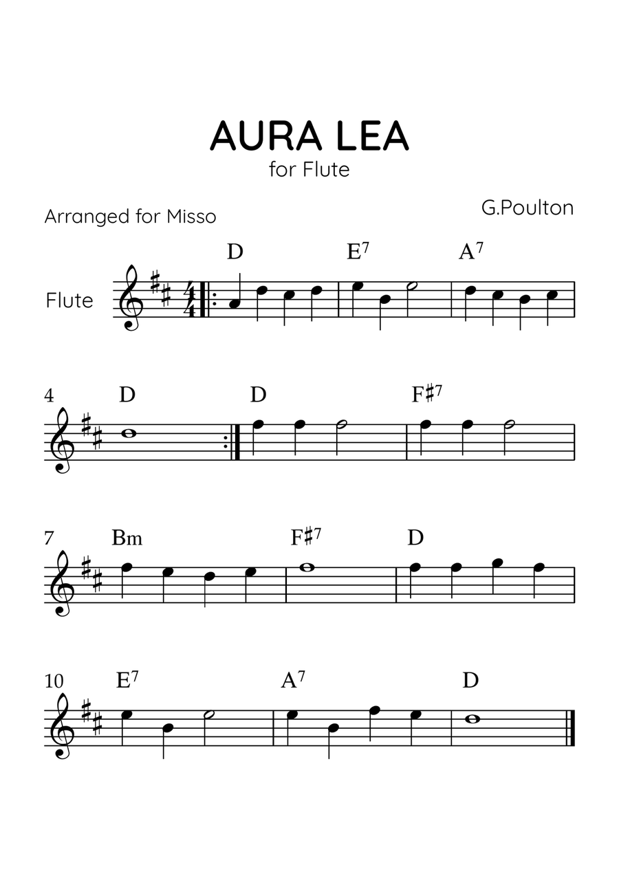 Aura Lea - Flute in D Major - Easy Level With Chords Flute Solo scores gallery preview page 1