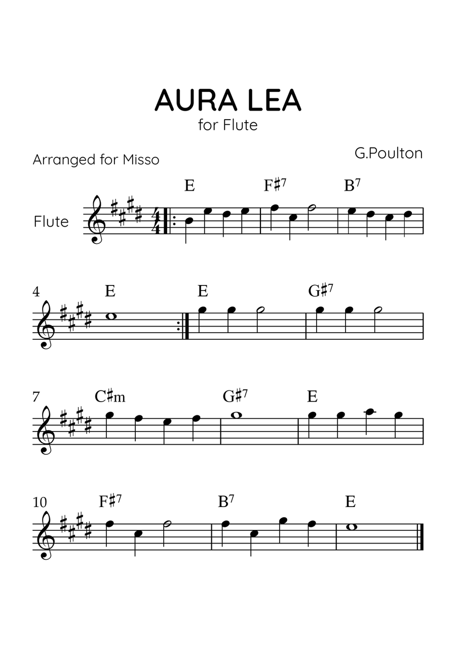 Aura Lea - Flute in E Major - Easy Level With Chords Flute Solo scores gallery preview page 1