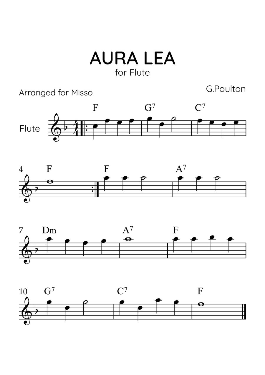Aura Lea - Flute in F Major - Easy Level With Chords Flute Solo scores gallery preview page 1