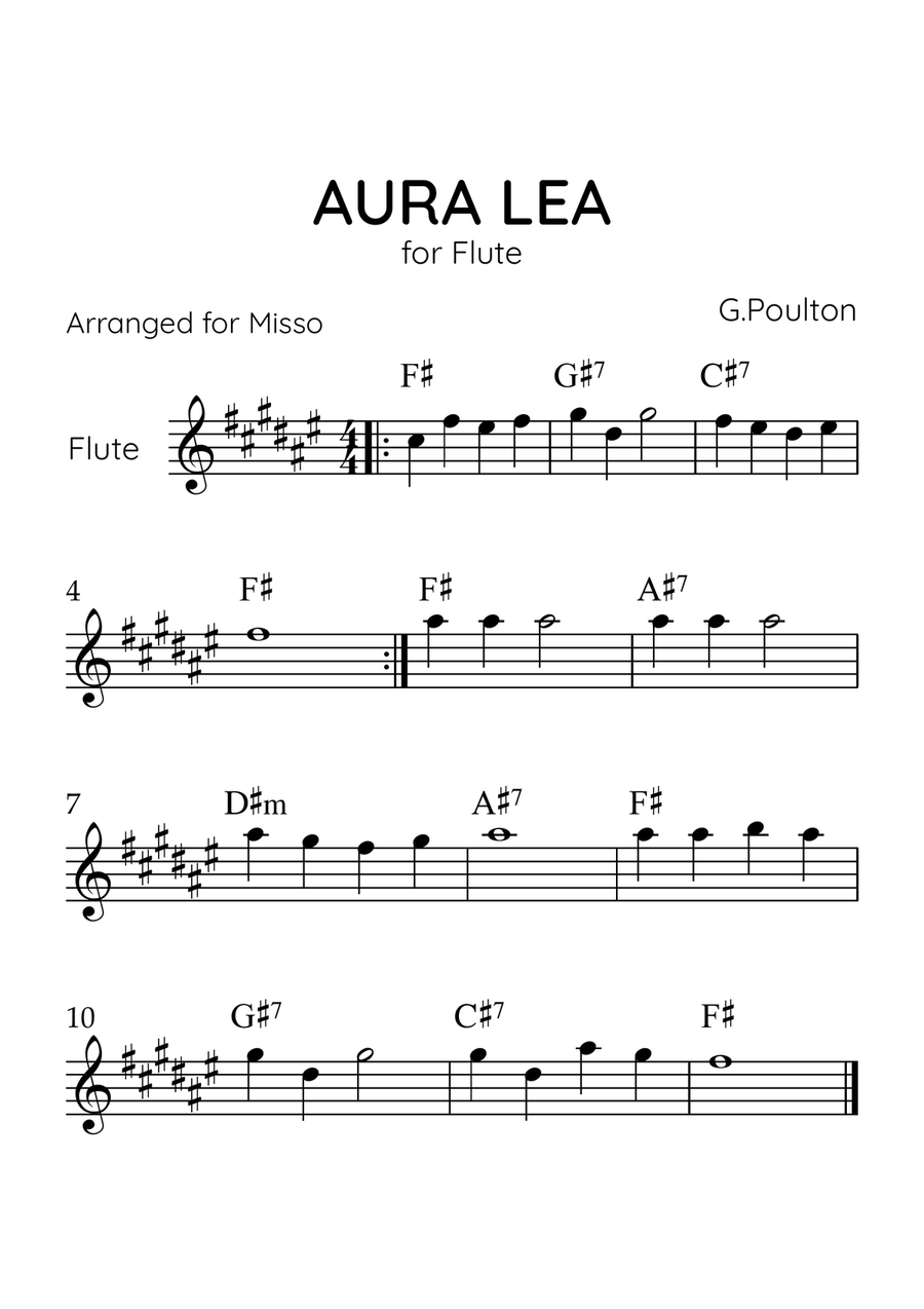 Aura Lea - Flute in F# Major - Easy Level With Chords Flute Solo scores gallery preview page 1