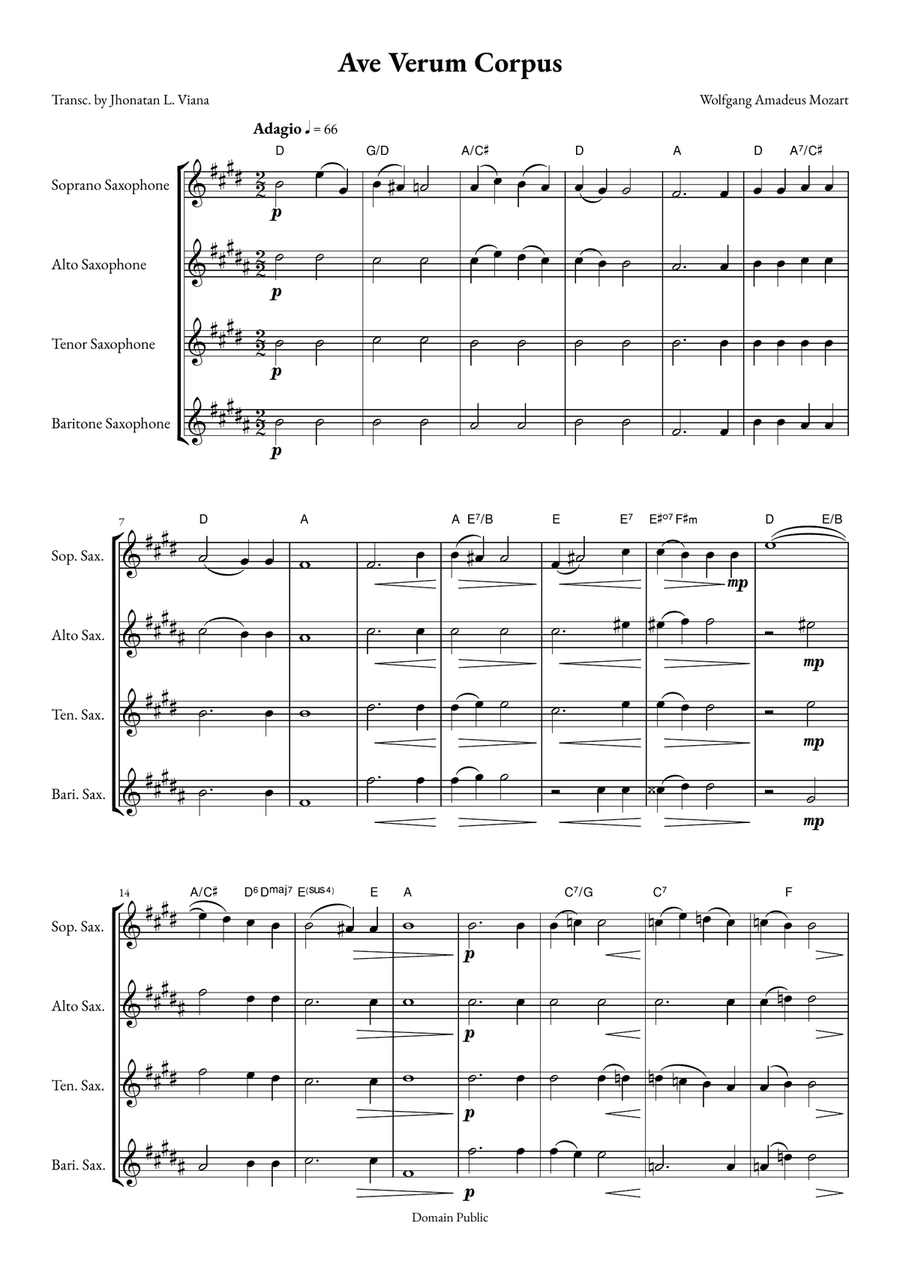 Ave Verum Corpus Saxophone Quartet scores gallery preview page 1