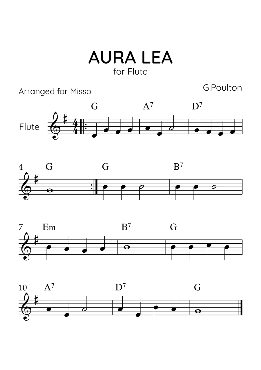 Aura Lea - Flute in G Major - Easy Level With Chords Flute Solo scores gallery preview page 1