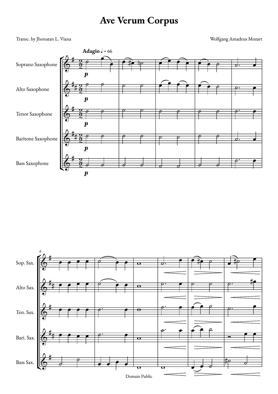 Ave Verum Corpus Saxophone Quintet scores gallery preview page 1