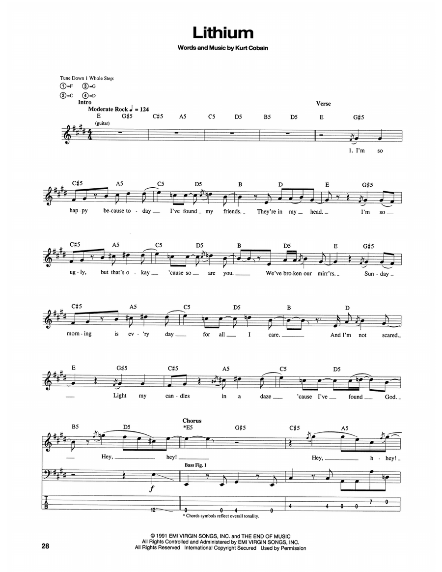 Lithium Lithium Bass Guitar Tablature scores gallery preview page 1